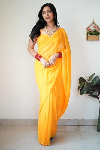 Image of StyleScope Women's Plain Georgette Ready To Wear One Minute Saree With Unstitched Blouse Piece (Kalki)