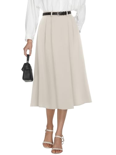 Image of Casly Lamiit A-Line Midi Skirts for Women Business Skirt | Elastic High Waisted, Pleated with Pockets, Work Skirts Casual