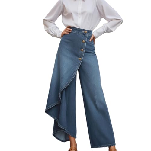 Pantalones Vaqueros de Pierna Ancha para Mujer con Dobladillo Asimétrico, Elegantes Faldas, Pantalones Ligeros Culotte de Pierna Ancha, Pantalones Vaqueros Holgados,Vaqueros de