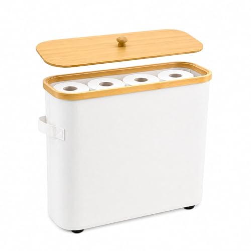 Premium Waterproof Toilet Paper Storage Box with Bamboo Lid - Fits 9 Mega Rolls, 900D Heavy-Duty Fabric Bathroom Organizer Bin with Elevated Base & Handles for Narrow Spaces (17.3"x 6.9"x 15.5")