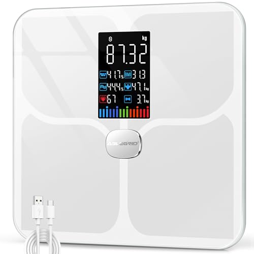 ABLEGRID Wiederaufladbar Körperfettwaage, LED Personenwaage Digital Mit Körperfett Und Muskelmasse Körperfettanalyse, 16 Messungen Der Körperzusammensetzung BMI, Herzfrequenz, 180kg, Weiß 1