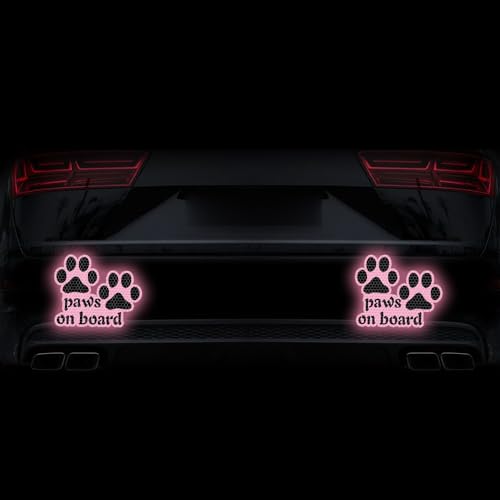 Image of 2pcs Reflective Paw Print Decal Dog Paws on Board Car Window Sticker Safety Warning Sign Stickers Funny Reflective Vinyl Stickers for Car Motorcycles Laptop (Pink)