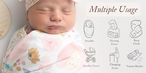 Image of Newborn Floral Print Blanket Baby Stretch Wrap Swaddle Receiving Blanket with Matching Headband and Beanie (Orange and Pink)