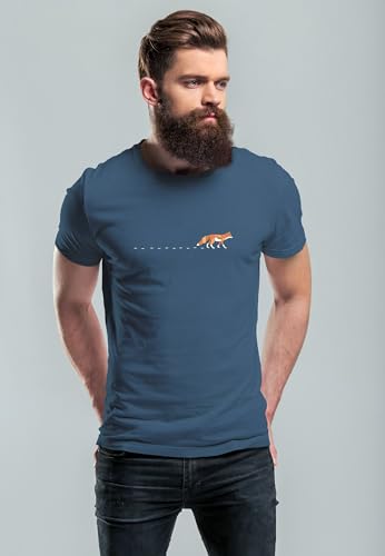 Neverless® Herren T-Shirt Fuchs Fox Wald Tiermotiv Logo Print Badge Fashion Streetstyle Denim-Blue L