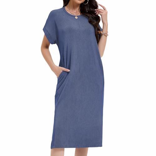 Image of Womens Casual T Shirt Dress Summer Fall Crewneck Loose Fit Side Split Knee Length Dress Ribbed Pattern with Pockets
