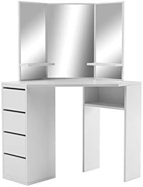 roomSmart Victory Corner Makeup Vanity Table White Makeup Desk with Three-Fold Mirrors and 4 Drawers Bedroom Dressing Table Makeup Table