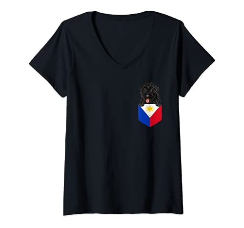 Womens Philippines Flag Bouvier des Flandres Dog In Pocket V-Neck T-Shirt, Black
