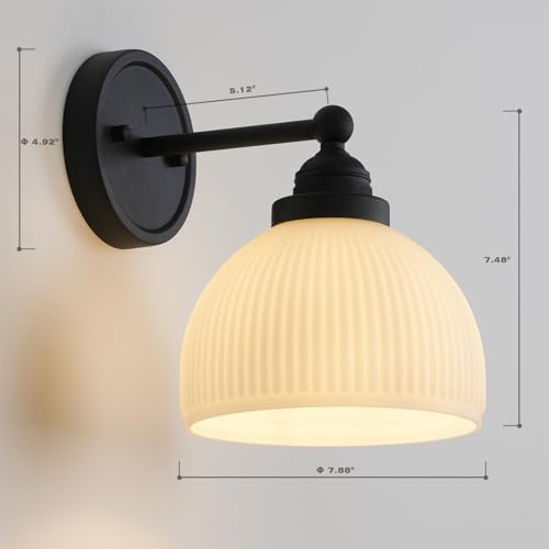 Image of Vintage Wall Sconce 1-Light with White Striped Glass Globe Shade, Indoor Wall Mounted Lamp Fixture for Living Room Bedroom Kitchen Hallway