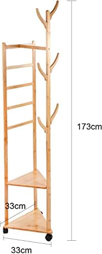 PACHIRA Bamboo Coat Rack Stand Versatile Corner Coat Tree Storage Shelf with 2 Storage shelves and 1 Hanging Rail and 1 Trousers Rack for Hallway Living Room Bedroom 3 smooth swivel wheels
