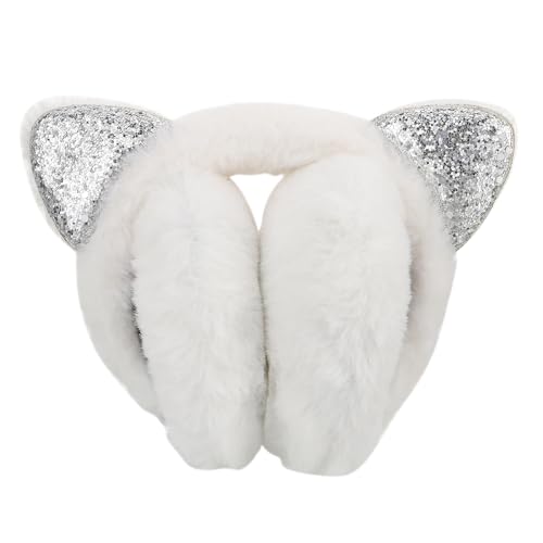 GLEAVI Plush Cat Ear Earmuffs Women’s Winter Ear Warmers Soft White Fashionable for Outdoor Cold Weather
