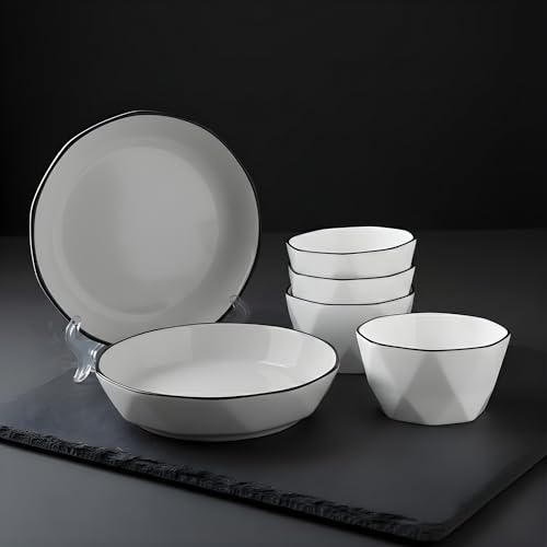 Image of Modern White Ceramic Plate and Bowl Set, Geometric Porcelain Dinnerware with Minimalist Black Rim, Food Grade, Lead & Cadmium Free, Chip Resistant & Stackable Nordic Style Tableware, Pack of 6