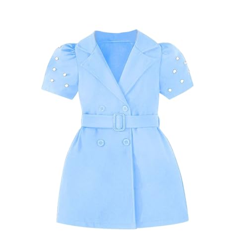 Girls Double-Breasted Dress, Short Puff Sleeve V Neck Belted Waist Summer Cute Dress