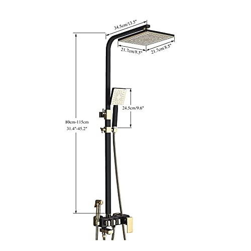 Columna de ducha termostática cuadrada para baño color negro y dorado con función de lluvia y ducha de mano, altura ajustable miniatura 2