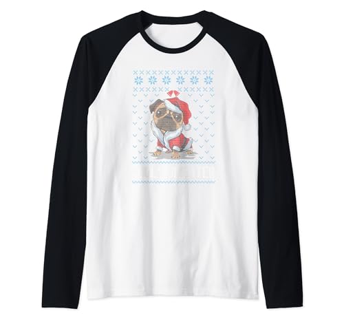 Pugly - Maglione natalizio con carlino, per amanti dei cani, Babbo Natale Maglia con Maniche Raglan