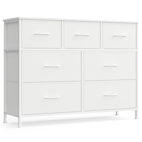 Image of SONGMICS Dresser for Bedroom, Chest of Drawers, Steel, MDF, 7 Non-Woven Fabric Drawers, Storage Organizer Unit, Closet, Entryway, Cloud White and Snow White ULGS323WH01
