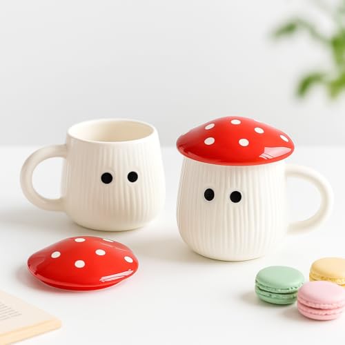 Image of The Deluxe Creations Ceramic Coffee Mug with Lid - Set of 2, 200ml Each - Cute Mushroom Mug for Coffee & Tea, Microwave & Dishwasher Safe, Gift for Christmas & New Year, Office & Home