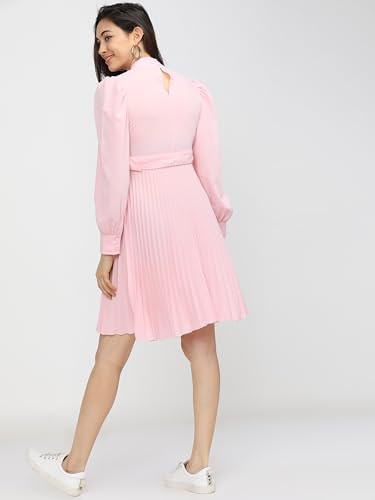 Image of Tokyo Talkies Women's Elegant A-Line Dress with Belt & Pleated Dress- Sophisticated Full-Sleeve Style for Any Occasion