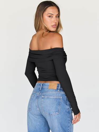 Trendy Queen Women Long Sleeve Shirts Off Shoulder Tops Going Out Crop Sexy Slim Fitted Y2K Fall Outfits 2025 Fashion Clothes4