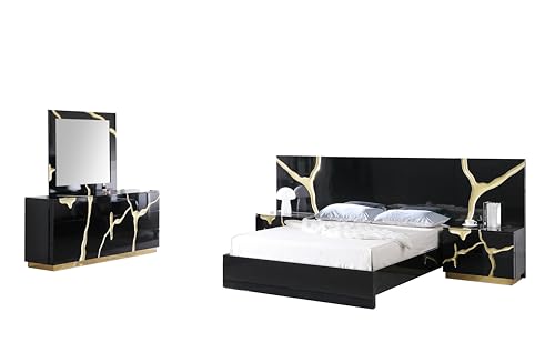 Trevello 5-Piece Modern High Gloss Lacquered Bedroom Set with Gold Crack Accents, California King Bed Frame, Dresser, Mirror, and 2 Nightstands, Contemporary Design, Gold Accent Bases, (Black)