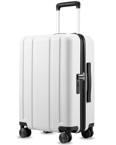 Nobl Travel Carry On Luggage in sleek white design, featuring a zipperless aluminum frame, 360° spinner wheels, and integrated USB charging port, ideal for modern travelers.
