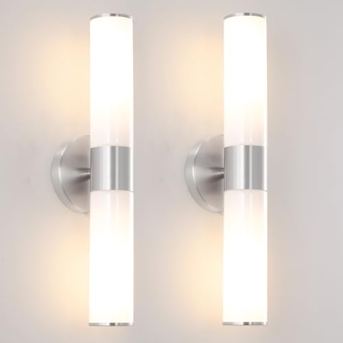 Brushed Nickel Wall Sconces Set of 2, Modern Bathroom Sconces with Mikly White Glass, Sconces Wall Decor Set of Two, Vanity Light Fixture over Mirror, Hardwired Wall Mount Lamps for Bedroom Hallway