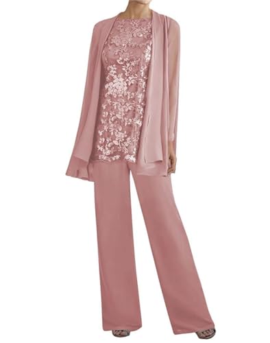 Image of 3 Pieces Mother of The Bride Dresses Pant Suits - Lace Chiffon Long Sleeve Grandmother Dresses with Jacket