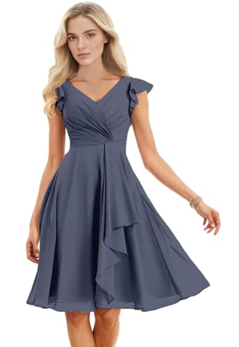 Ruffle Bridesmaid Dresses Short with Pockets Chiffon Prom Dress Flutter Sleeves V Neck Formal Evening Dress for Women