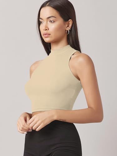 Image of Sugathari Women's & Girls' Solid Ribbed High Neck Sleeveless Crop Tops for Women (Top 37)