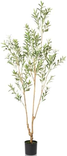 Artificial Olive Tree Indoor, 7FT Tall Faux Plant with Natural Wood Trunk, Leaves and Lifelike Fruits, Large Potted Indoor Fake Plant for Home Office Store Decor (7 ft)