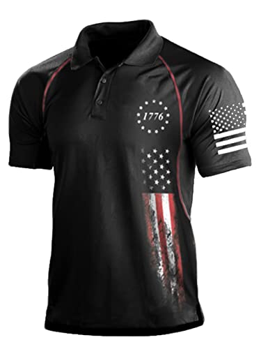 HARGLESMAN Men's 1776 Independence Day American Flag Short Sleeve Polo Golft Shirt(S-3XL)