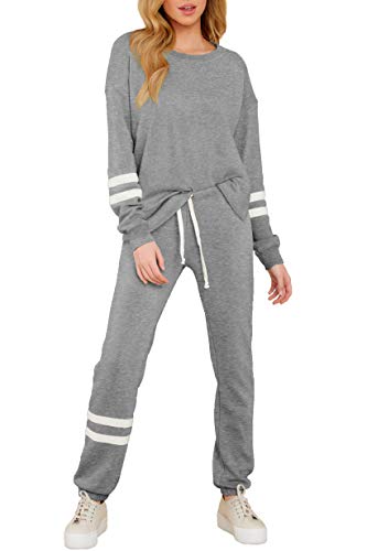 Women\'s Loungewear Long Sleeve Outfit Elastic Cuffs Tops Comfy Pajama Set Grey S