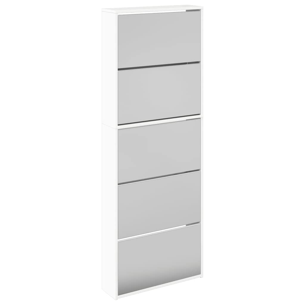 Zapatero con espejo con 5 compartimentos plegables, color blanco brillante para 15-20 pares de zapatos, volquete estrecho de madera para pasillo y entrada, 63 x 17 x 169,5 cm