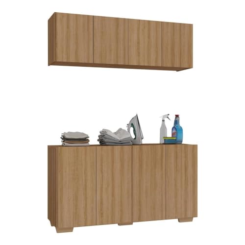 Conjunto Lavanderia Multiuso Armário Aéreo e Balcão 4 Portas Mult...