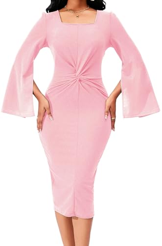 Image of Dresses for Women Elegant Long Sleeves Ruffles Pencil Knee Length Split Business Dress with Belt Zipper