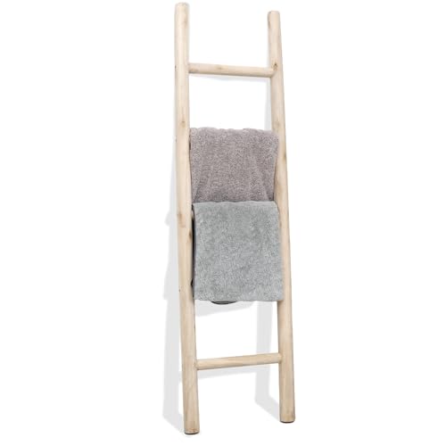 Image of FUIN 57in Wood Blanket Ladder Living Room Decorative Wall Leaning Farmhouse Quilt Display Holder Rustic Wooden Towel Rack for Bathroom, Unfinished