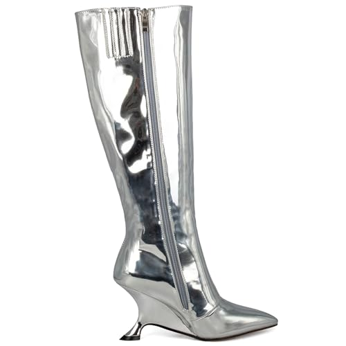 Kluolandi Metallic Boots for Women Knee High Sculptural Wedge Heel Boots with Zipper and Pointed Toe Fashion Party Shoes2