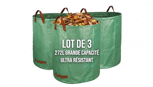Kkalyan Sacs de jardin dechets verts résistant (Lot de 3) – 272L Qualité Professionnelle Ultra Solide – Sac Vegetaux Réutilisable avec Poignées...