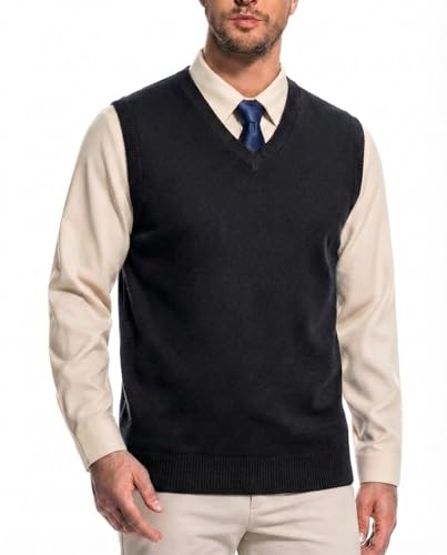 Mens V-Neck Sleeveless Sweater Vest Solid Black Knit Vest for Men Classic Pullover Style Mens Sweater Vest