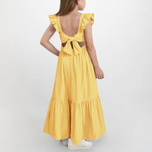 Girls Summer Dresses Cute Ruffle Tie Back Party Dress Kids Cotton Linen Casual Off Shoulder Boho Beach Maxi Dresses4