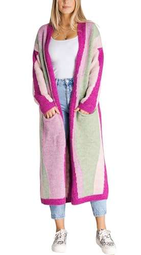 Image of chouyatou Women's Fall Open Front Color Block Long Cardigan Sweater Coat Casual Vertical Striped Coatigan