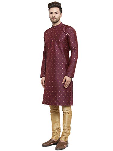 Image of SOJANYA (Since 1958 Men's Silk Blend Wine Kurta & Gold Churidar Pyjama SET, Size: 42