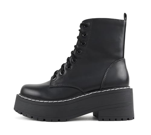 Soda FLING Women Chunky Lug Sole Lace up Fashion Combat Ankle Boot w/Side Zipper (Black Pu, 7.5)