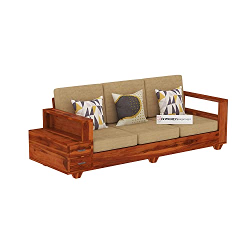 Image of Sheesham Wood 5 Seater Sofa Set with 2 Drawer Storage | 3+1+1 Wooden Sofa Set Furniture for Living Room Home Office (Honey)