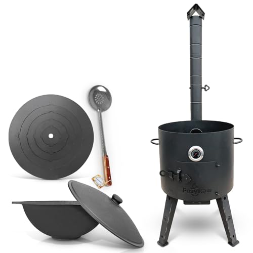 Termómetro para horno de 44 cm de diámetro, 5 anillas, 48 cm, hierro fundido, tapa de 46,5 cm de diámetro, 16 L, cuchara espumadera de 48 cm (set – 517)