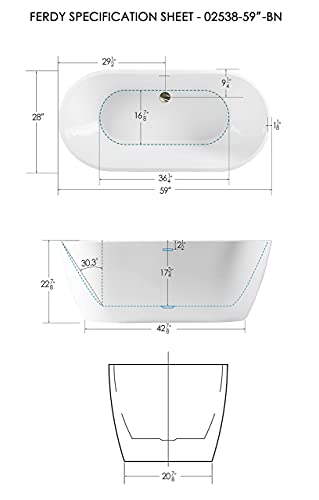 Ferdy Bali 59" Acrylic Freestanding Bathtub, Gracefully Shaped Freestanding Soaking Bathtub With Brushed Nickel Drain & Minimalist Linear Design Overflow, Glossy White, Cupc Certified #TOP4