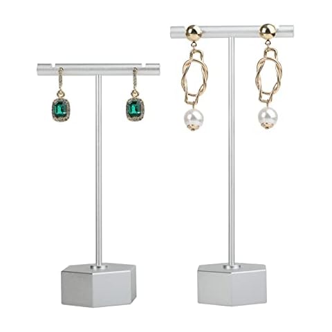 GemeShou Metal 2pcs Earring T Stand Retail Display Holder for Show, T Bar Jewelry Organizer for Online Store Photography 【Silver-Hexagon Base 2pcs Heigh 11.5 cm and 13.5cm】 Cover