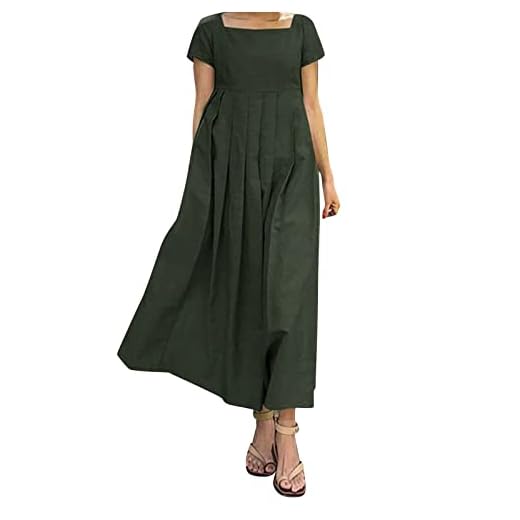 2025 Soldes Femme Robe en Lin Longue Chic et Elegant Max Dress Manches Courtes Décontracté A-Linie Swing Robe de Plage Couleur Unie Léger et Respirant Robe Midi Longue Tunique Fluide Dresses Pas Cher