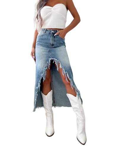 utcoco Women's 2025 Irregular High Waist Denim Skirt Distressed Fringed Hem A-Line Jean Maxi Skirts