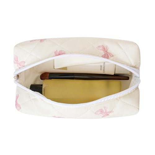 Gleyemor Small Quilted Makeup Bag for Women, Cute Floral Bow Cosmetic Bag, Emergency Bag Travel Toiletry Cotton Pouch Gifts for Girls Her Mom Friend Sister Bridesmaid (Small Pink Bowknot)2