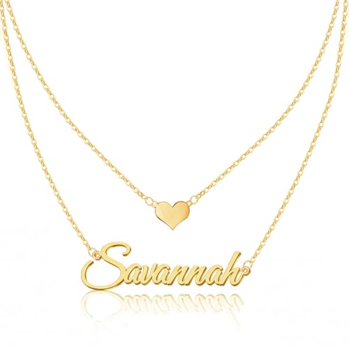 Custom Layered Name Necklace Personalized with Heart 18K Gold Plated Customized Nameplate Necklace Gifts for Women